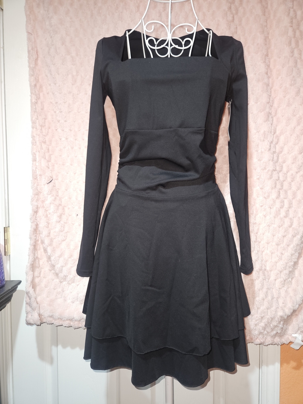 Black Long-Sleeve Square-Neck Mini Dress